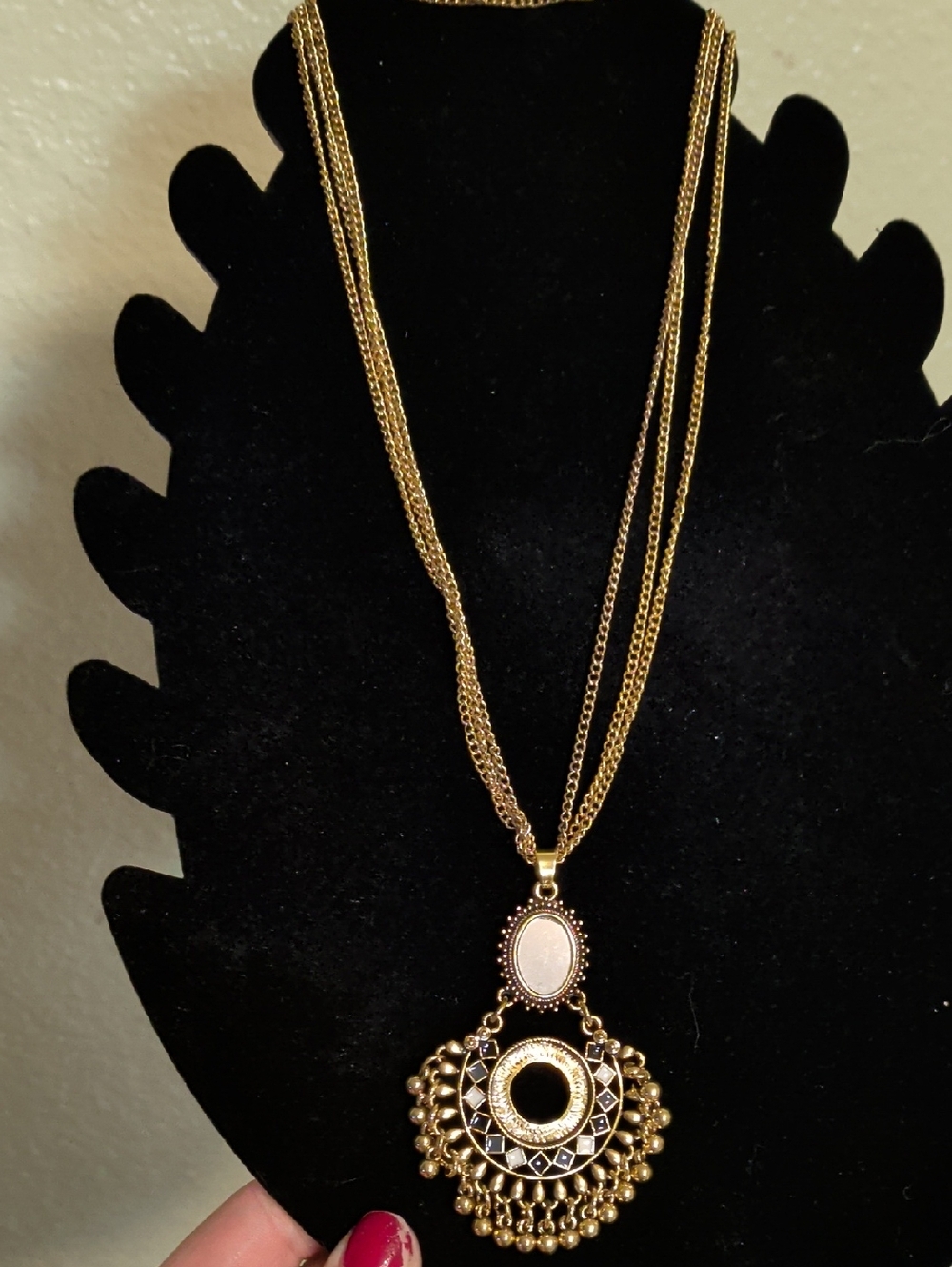 Gold Tone Multi-Chain Pendant Necklace‎ with Filigree Medallion